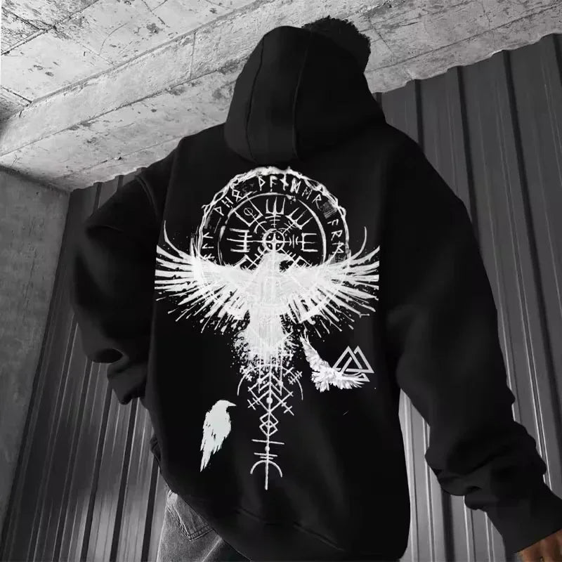 Men’s Viking Totem Hoodie – Y2K Loose Fit Eagle Print Cotton Sweatshirt