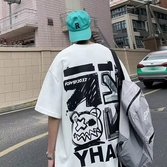 Cartoon Graffiti Tee – Short Sleeve Alphabet Print T-Shirt