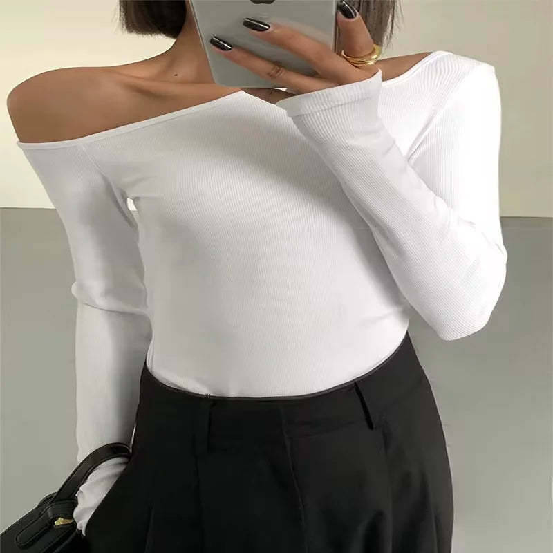 Women’s Off-Shoulder Skew Collar Crop Top – Slim Fit Long Sleeve