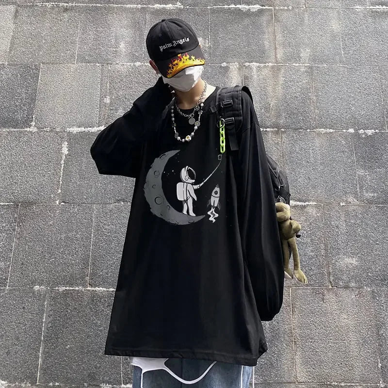 Men’s Oversized Dark Tee – Cross of Thorns Long Sleeve Y2K Streetwear