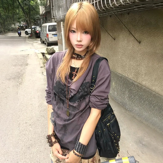 Grunge Y2K Fake Two-Piece Long Sleeve Top