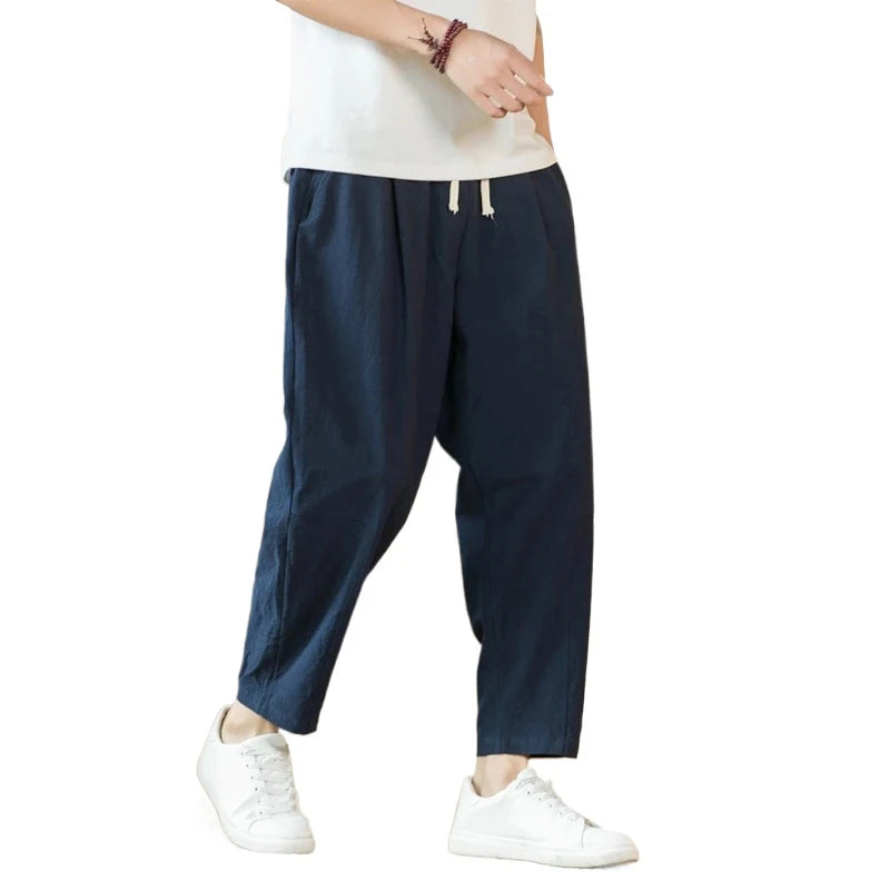 Men’s Cotton-Linen Baggy Pants – Loose Straight Lightweight Drawstring Trousers