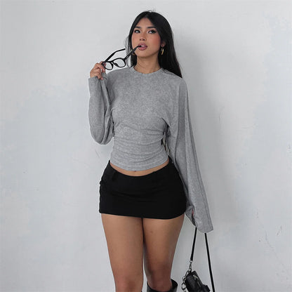 Women’s Slim Crop Top – Solid Color Round Neck Long Sleeve Cinched Waist