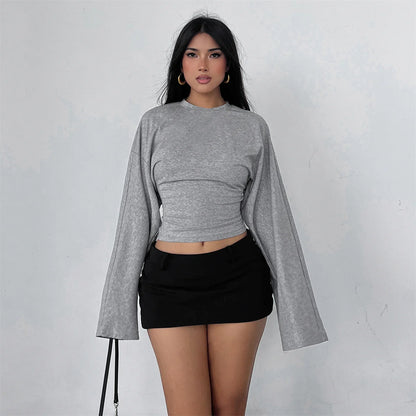 Women’s Slim Crop Top – Solid Color Round Neck Long Sleeve Cinched Waist