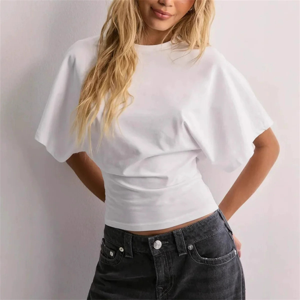 Women’s Slim Crop Top – Solid Color Round Neck Long Sleeve Cinched Waist