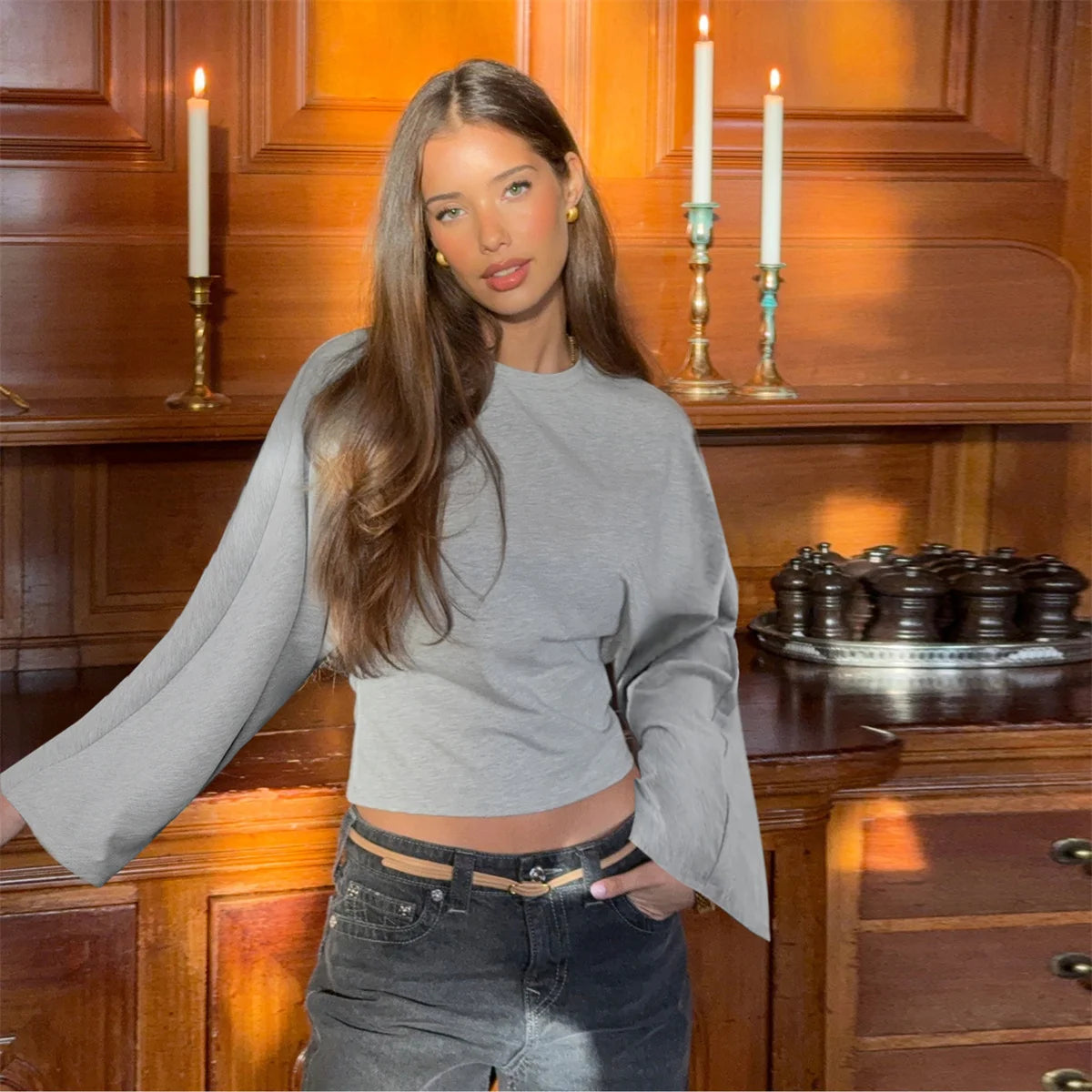 Women’s Slim Crop Top – Solid Color Round Neck Long Sleeve Cinched Waist