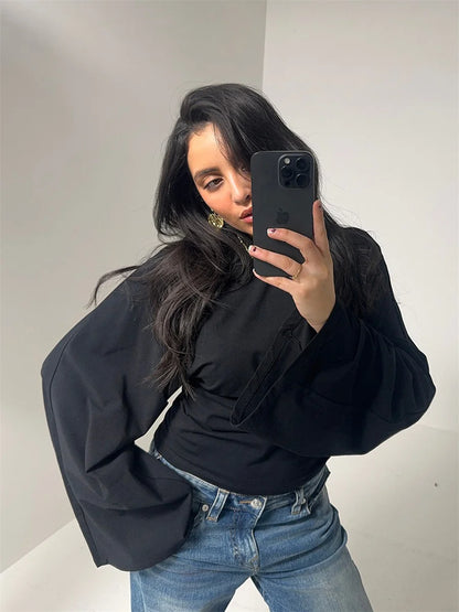 Women’s Slim Crop Top – Solid Color Round Neck Long Sleeve Cinched Waist