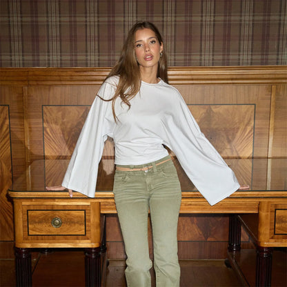 Women’s Slim Crop Top – Solid Color Round Neck Long Sleeve Cinched Waist