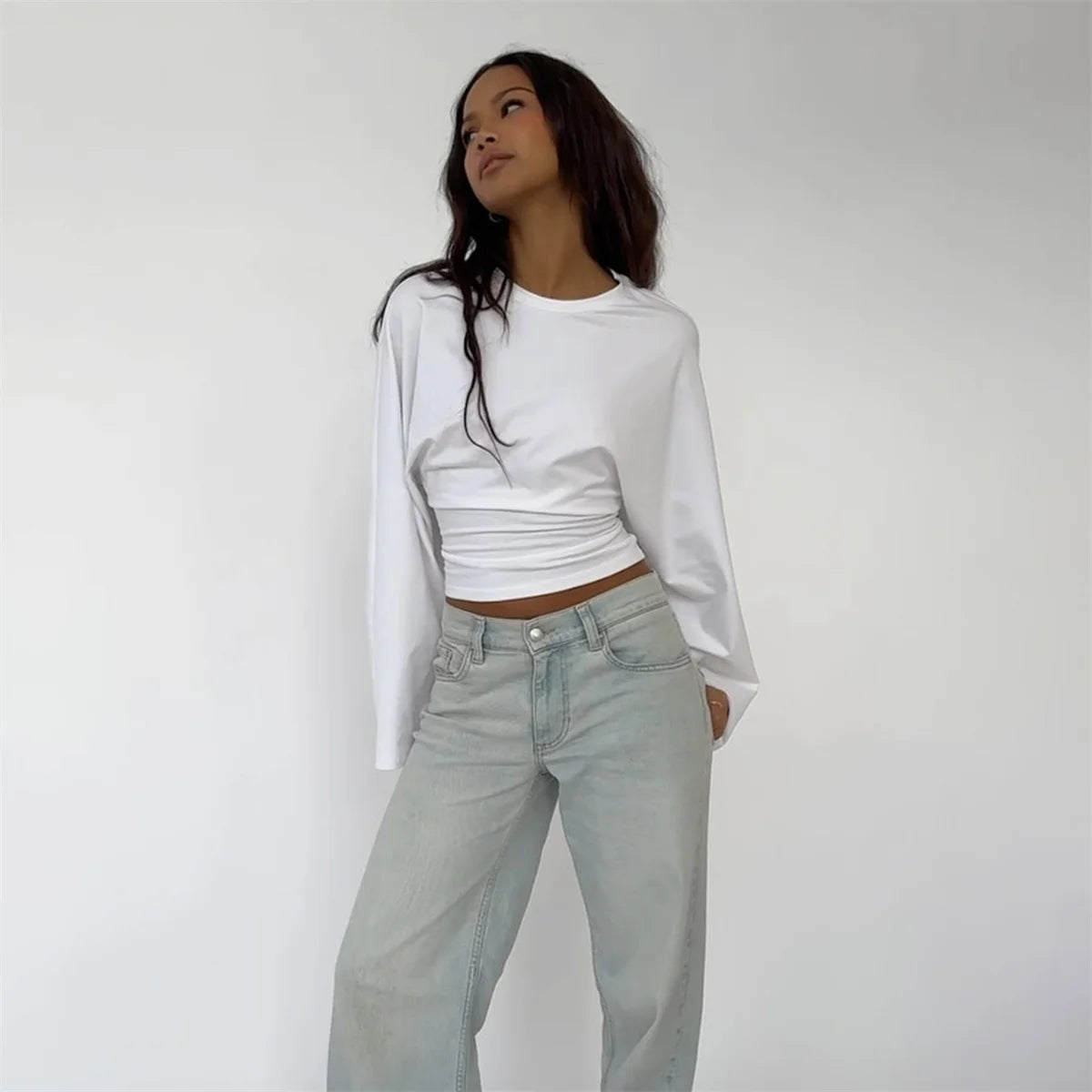 Women’s Slim Crop Top – Solid Color Round Neck Long Sleeve Cinched Waist