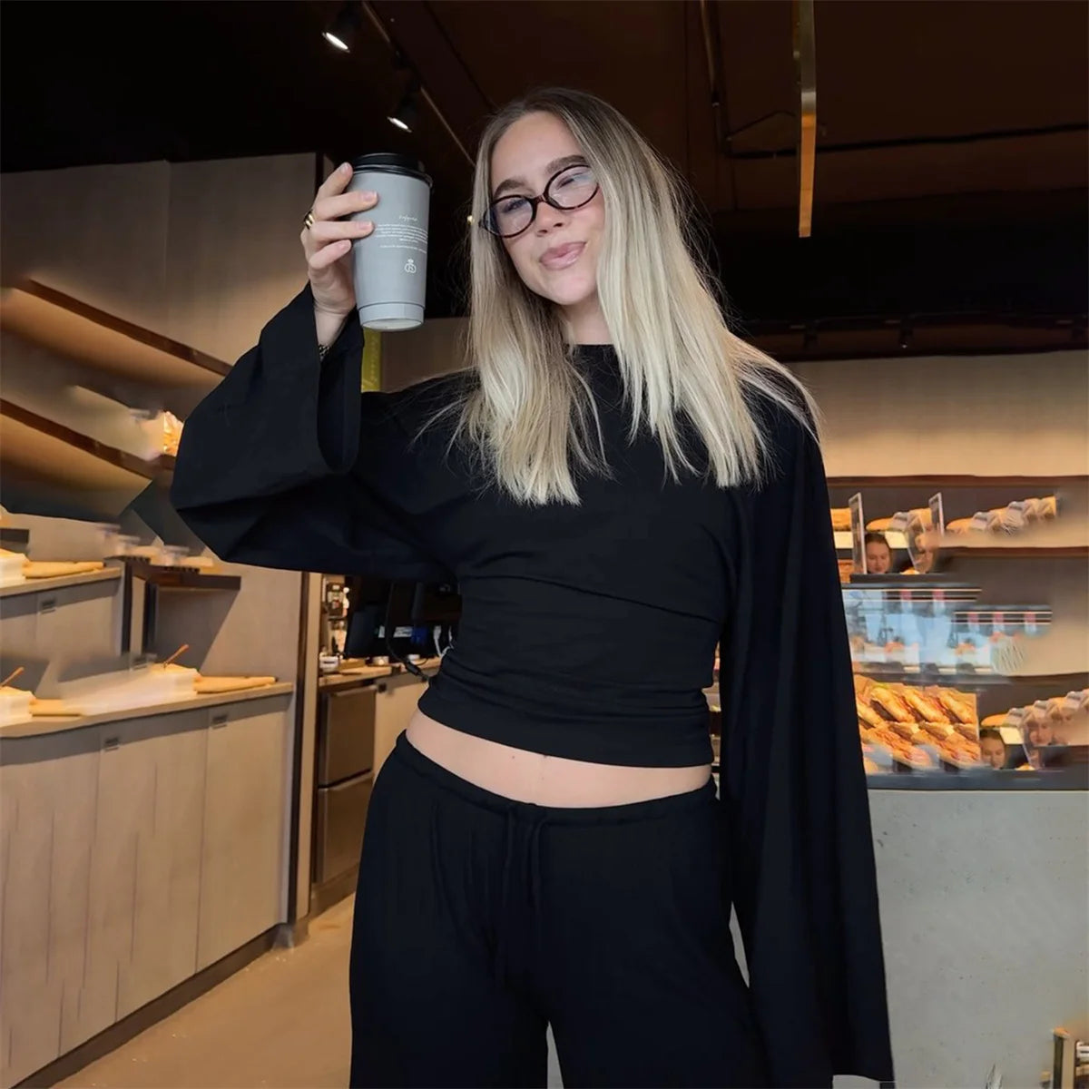 Women’s Slim Crop Top – Solid Color Round Neck Long Sleeve Cinched Waist