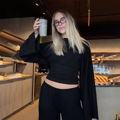 Women’s Slim Crop Top – Solid Color Round Neck Long Sleeve Cinched Waist