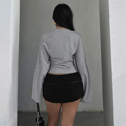 Women’s Slim Crop Top – Solid Color Round Neck Long Sleeve Cinched Waist