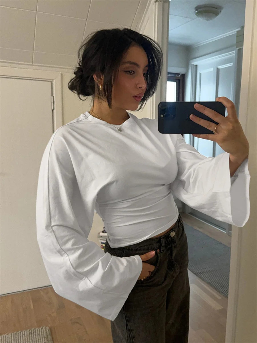 Women’s Slim Crop Top – Solid Color Round Neck Long Sleeve Cinched Waist