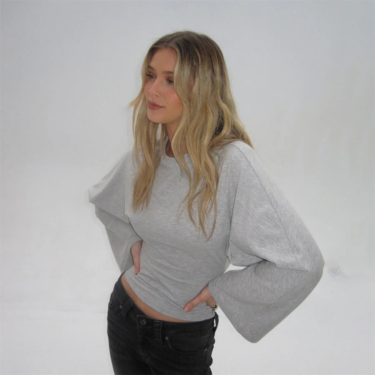 Women’s Slim Crop Top – Solid Color Round Neck Long Sleeve Cinched Waist