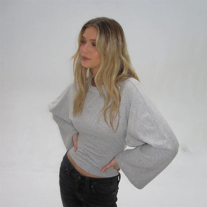 Women’s Slim Crop Top – Solid Color Round Neck Long Sleeve Cinched Waist