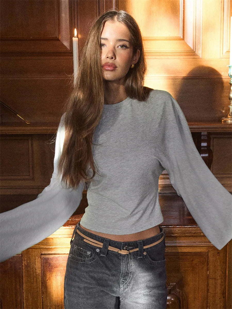 Women’s Slim Crop Top – Solid Color Round Neck Long Sleeve Cinched Waist