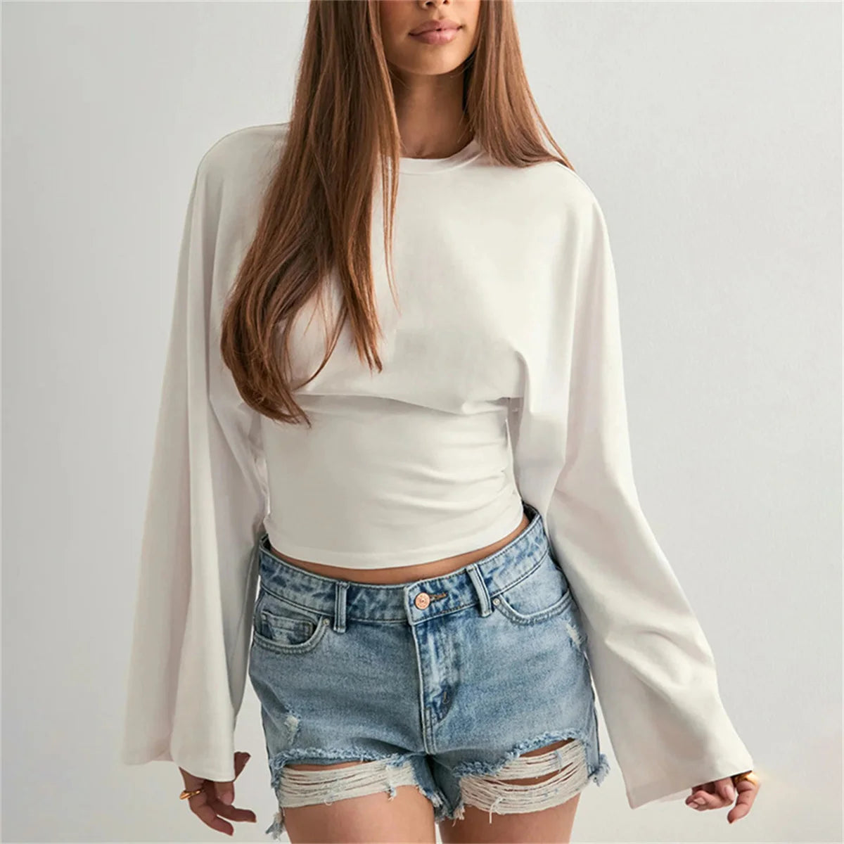 Women’s Slim Crop Top – Solid Color Round Neck Long Sleeve Cinched Waist