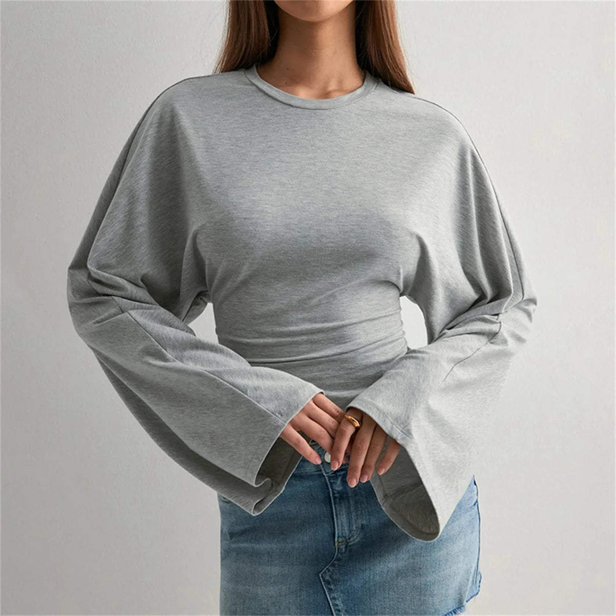 Women’s Slim Crop Top – Solid Color Round Neck Long Sleeve Cinched Waist