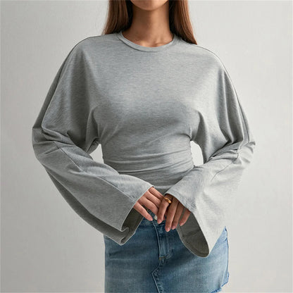 Women’s Slim Crop Top – Solid Color Round Neck Long Sleeve Cinched Waist