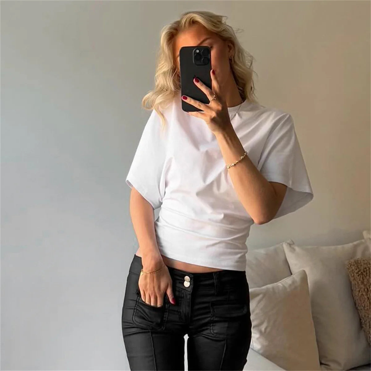 Women’s Slim Crop Top – Solid Color Round Neck Long Sleeve Cinched Waist