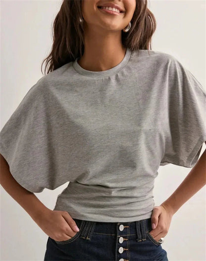 Women’s Slim Crop Top – Solid Color Round Neck Long Sleeve Cinched Waist