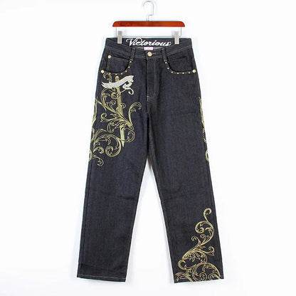 Men’s Y2K Embroidered Baggy Jeans – Oversized Hip Hop Punk Denim