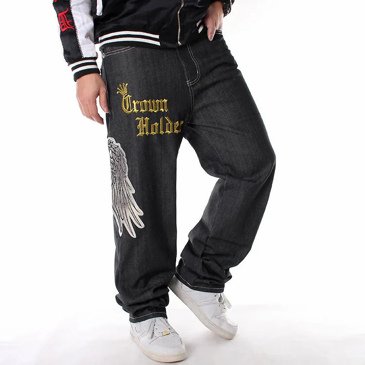 Men’s Y2K Embroidered Baggy Jeans – Oversized Hip Hop Punk Denim