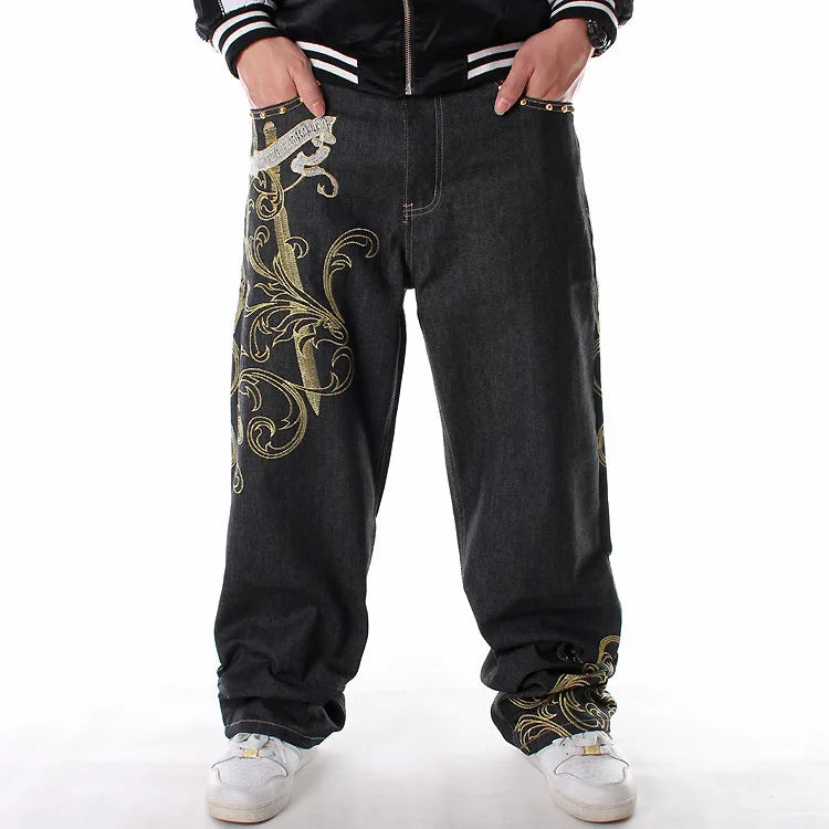 Men’s Y2K Embroidered Baggy Jeans – Oversized Hip Hop Punk Denim