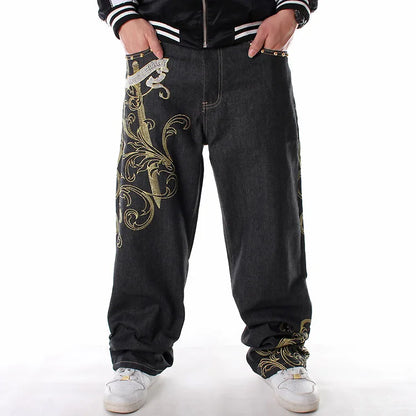 Men’s Y2K Embroidered Baggy Jeans – Oversized Hip Hop Punk Denim
