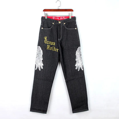 Men’s Y2K Embroidered Baggy Jeans – Oversized Hip Hop Punk Denim