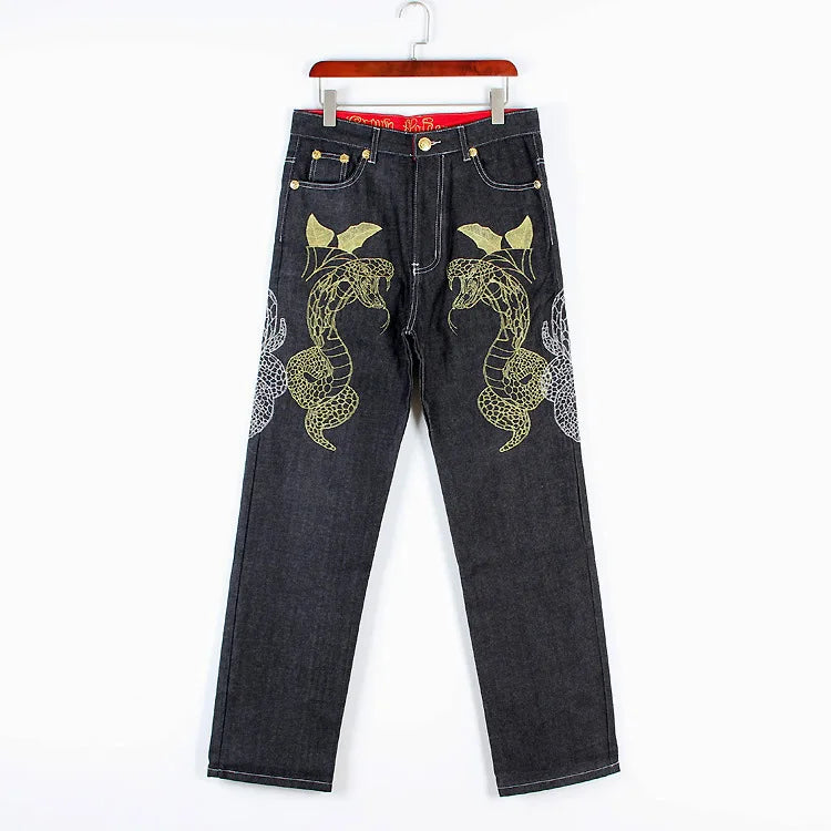Men’s Y2K Embroidered Baggy Jeans – Oversized Hip Hop Punk Denim