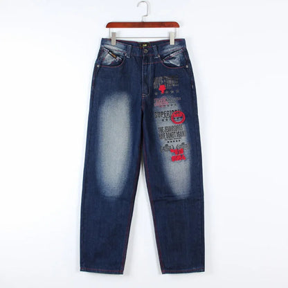 Men’s Y2K Embroidered Baggy Jeans – Oversized Hip Hop Punk Denim