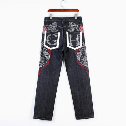 Men’s Y2K Embroidered Baggy Jeans – Oversized Hip Hop Punk Denim