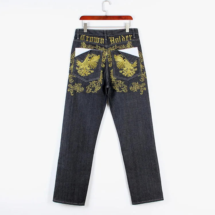 Men’s Y2K Embroidered Baggy Jeans – Oversized Hip Hop Punk Denim