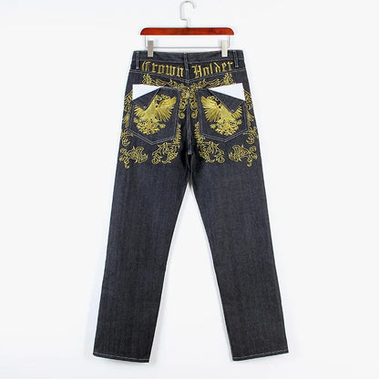 Men’s Y2K Embroidered Baggy Jeans – Oversized Hip Hop Punk Denim
