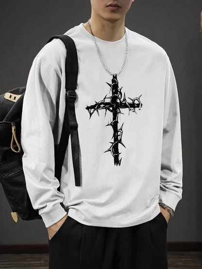 Men’s Oversized Dark Tee – Cross of Thorns Long Sleeve Y2K Streetwear