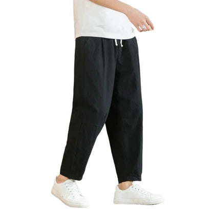 Men’s Cotton-Linen Baggy Pants – Loose Straight Lightweight Drawstring Trousers