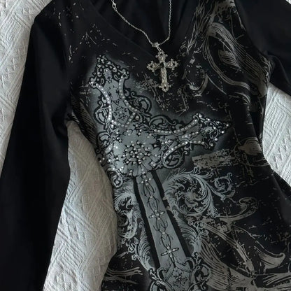 Women’s Retro Y2K Gothic Long Sleeve Slim Top – Vintage Punk Streetwear Tee
