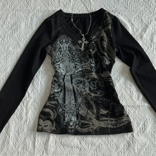Women’s Retro Y2K Gothic Long Sleeve Slim Top – Vintage Punk Streetwear Tee
