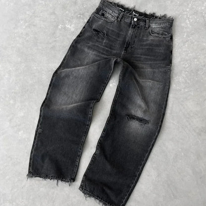 Men’s Distressed Straight Jeans – Ripped Washed Denim Ankle-Length Pants