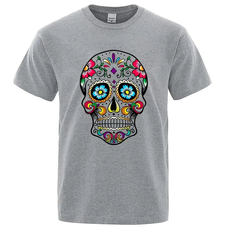 Men’s 100% Cotton Skull Tee – Loose Fit Street Style Short Sleeve