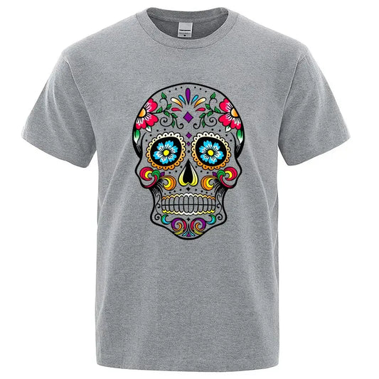 Men’s 100% Cotton Skull Tee – Loose Fit Street Style Short Sleeve