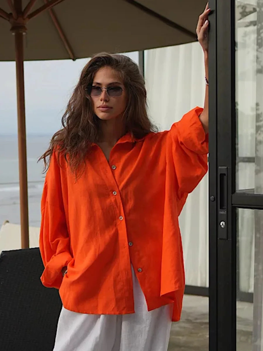 Women’s 100% Cotton Loose Shirt – Versatile Solid Color Casual Cardigan Top