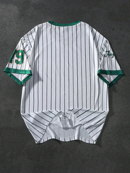 Men’s V-Neck Sports Tee – Retro Baseball Print Short Sleeve