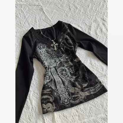 Women’s Retro Y2K Gothic Long Sleeve Slim Top – Vintage Punk Streetwear Tee