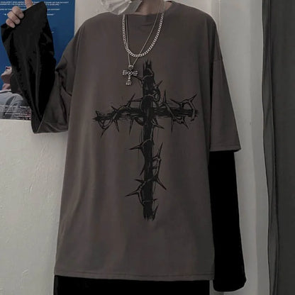 Men’s Oversized Dark Tee – Cross of Thorns Long Sleeve Y2K Streetwear