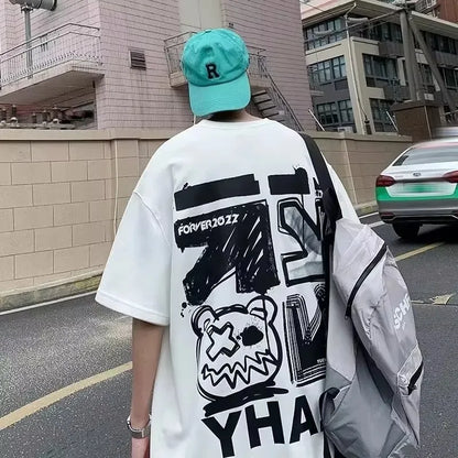 Cartoon Graffiti Tee – Short Sleeve Alphabet Print T-Shirt