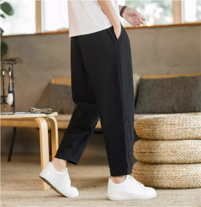 Men’s Cotton-Linen Baggy Pants – Loose Straight Lightweight Drawstring Trousers