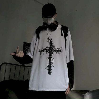 Men’s Oversized Dark Tee – Cross of Thorns Long Sleeve Y2K Streetwear