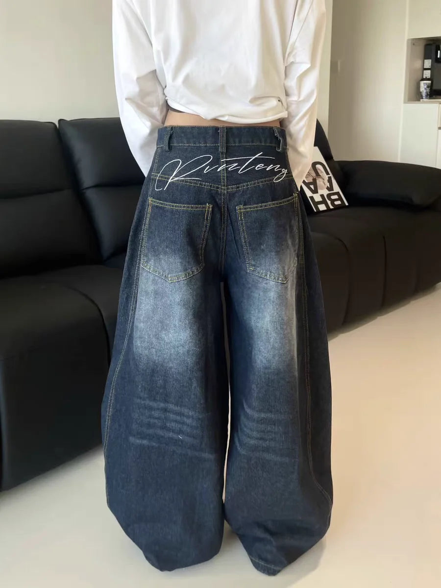 Women’s Y2K Baggy Jeans – Blue Washed Wide-Leg Vintage Cargo Pants